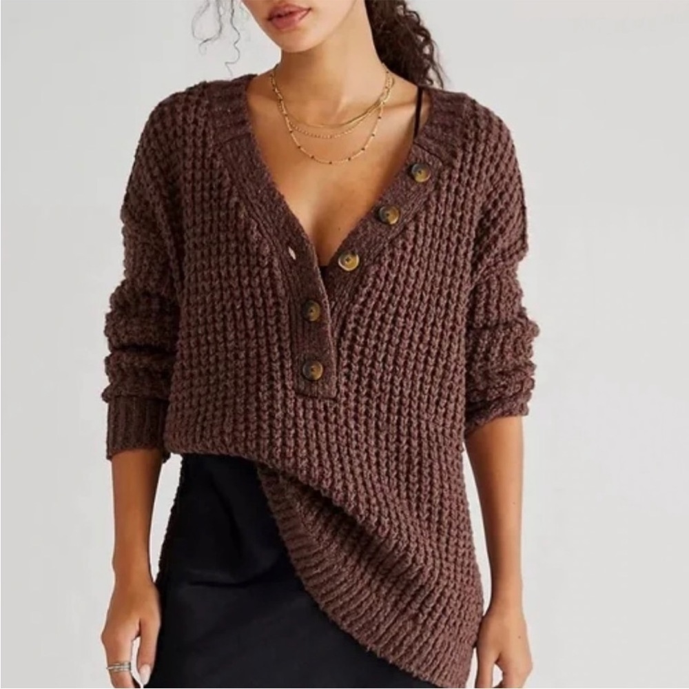 NWT Free People Whistle Thermal Henley Tunic Sweater in Brownstone Combo
